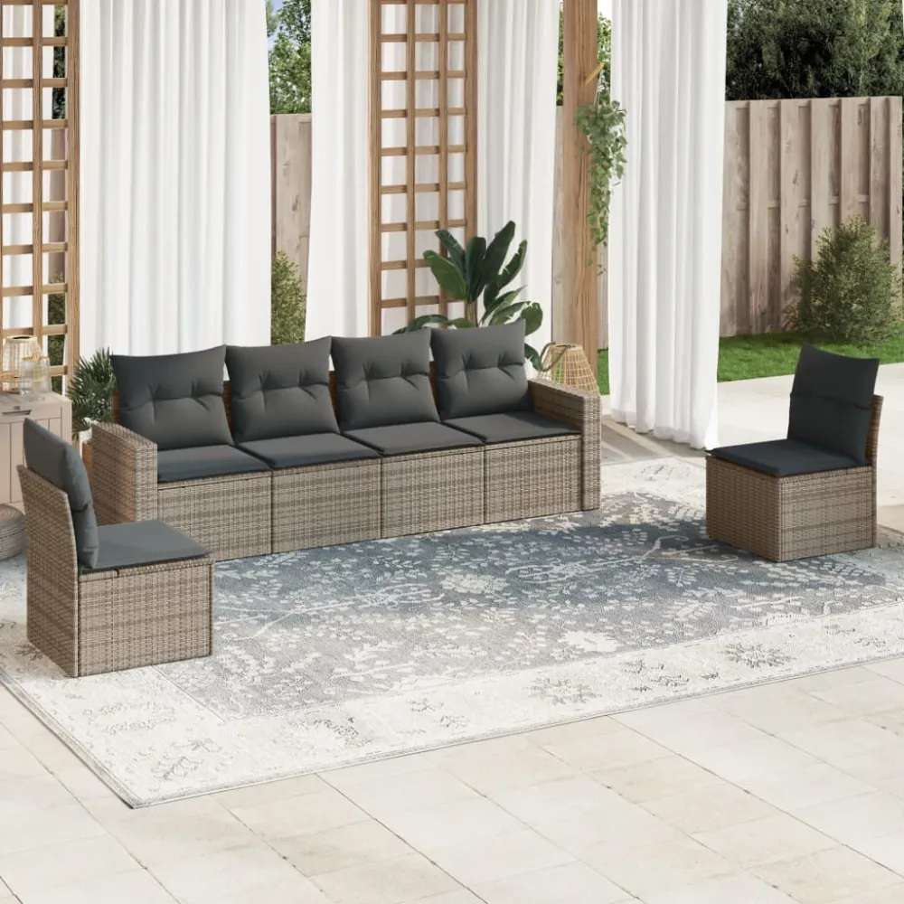 6-delige Loungeset met kussens poly rattan grijs vidaXL