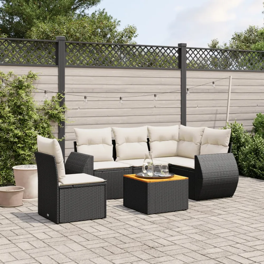 6-delige Loungeset met kussens poly rattan zwart vidaXL