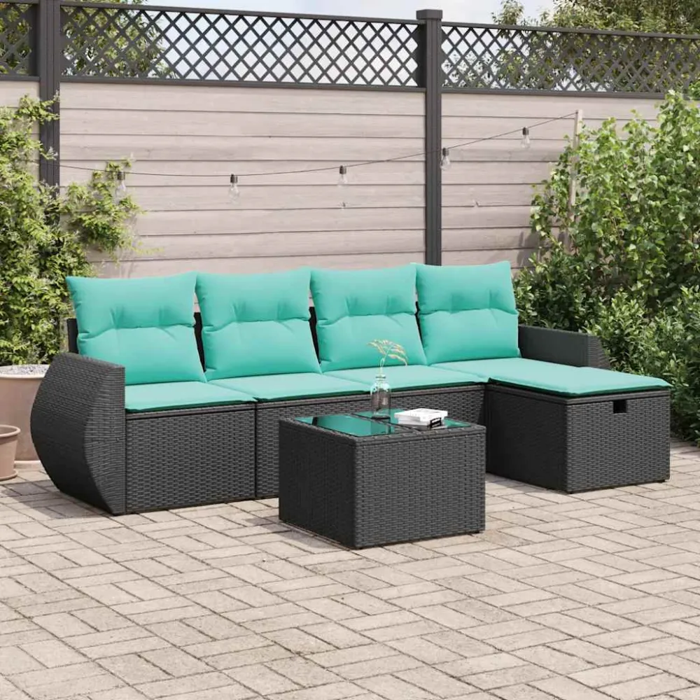 6-delige Loungeset met kussens poly rattan zwart vidaXL