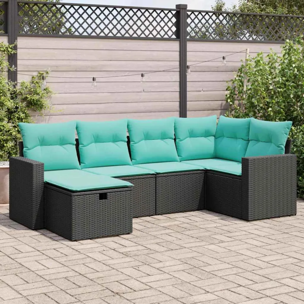 6-delige Loungeset met kussens poly rattan zwart vidaXL