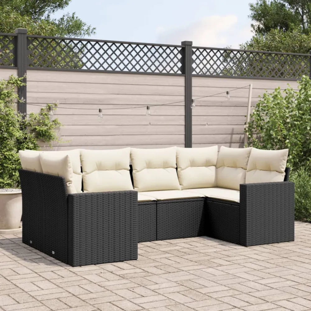 6-delige Loungeset met kussens poly rattan zwart vidaXL