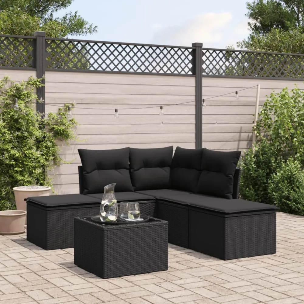 6-delige Loungeset met kussens poly rattan zwart vidaXL