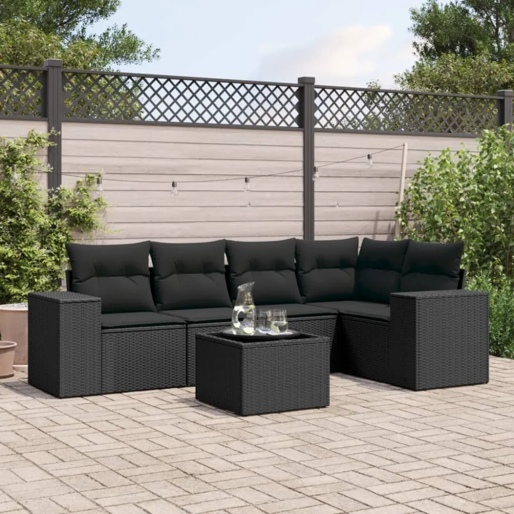 6-delige Loungeset met kussens poly rattan zwart vidaXL