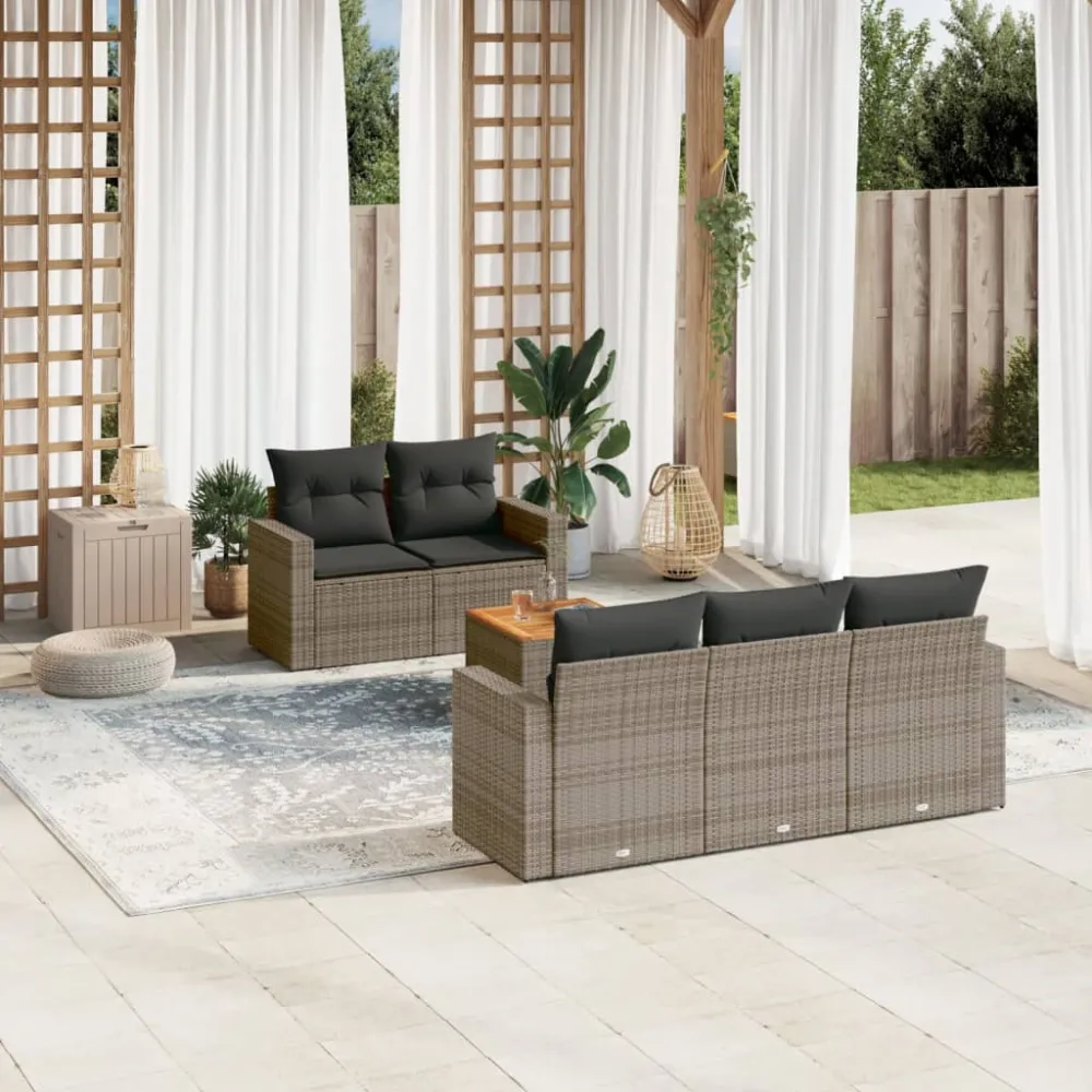 6-delige Loungeset met kussens poly rattan grijs vidaXL