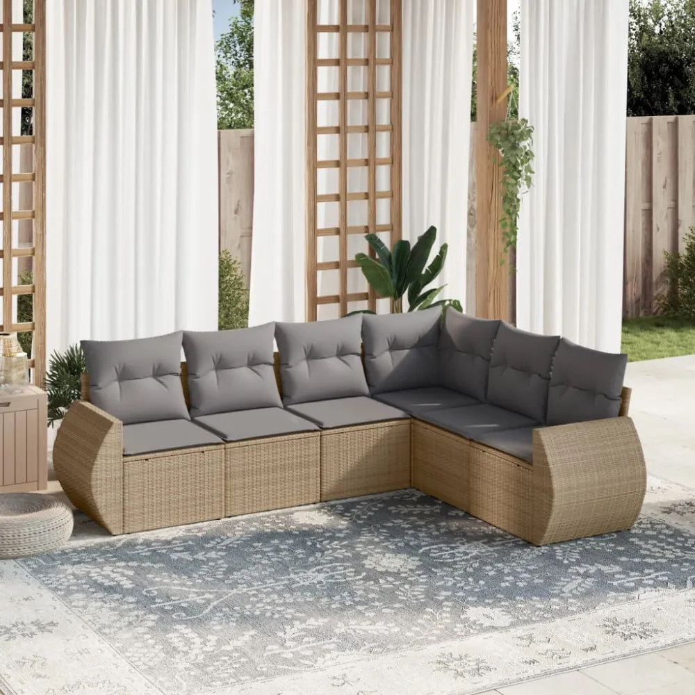 6-delige Loungeset met kussens poly rattan beige vidaXL