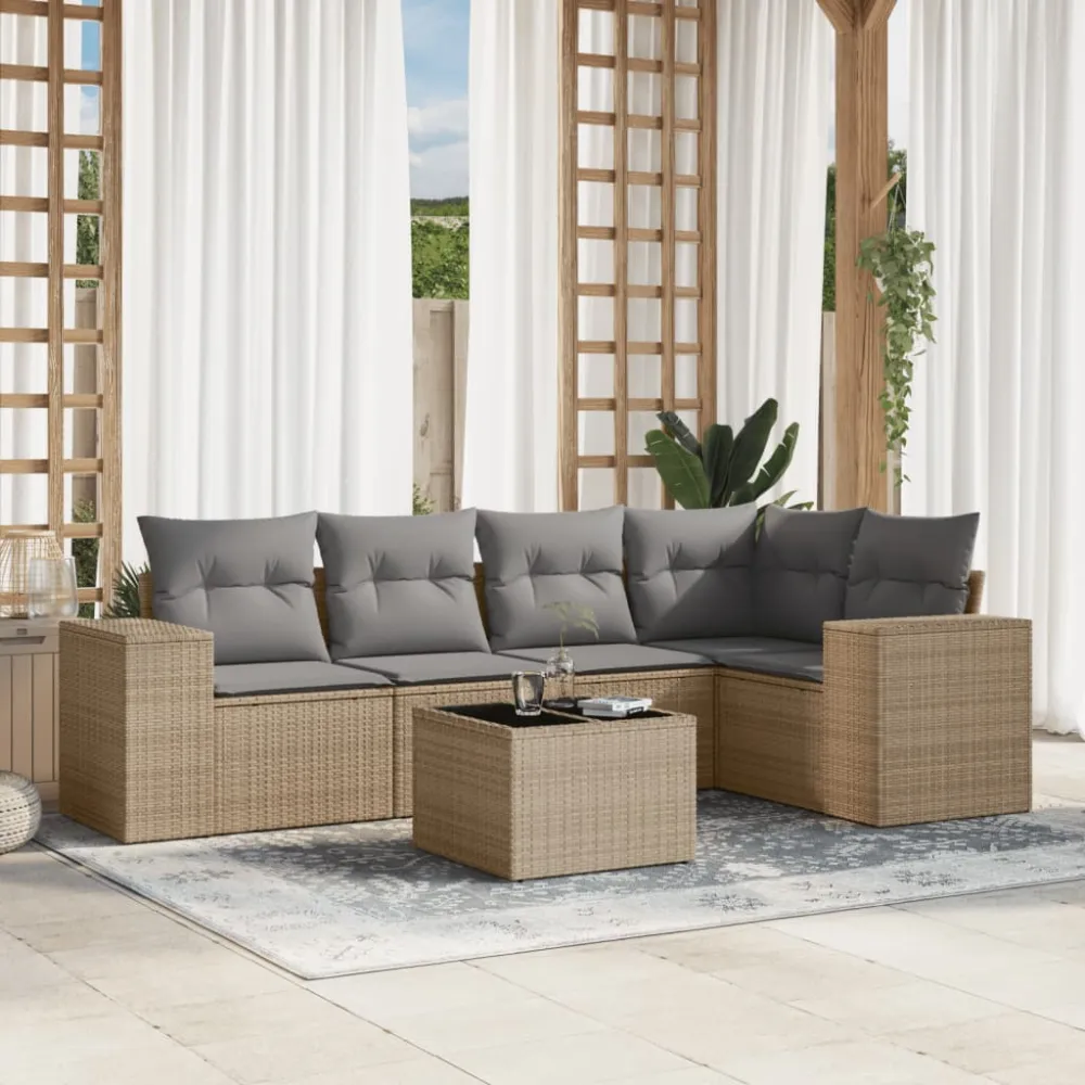 6-delige Loungeset met kussens poly rattan beige vidaXL