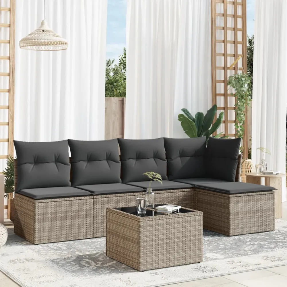6-delige Loungeset met kussens poly rattan grijs vidaXL