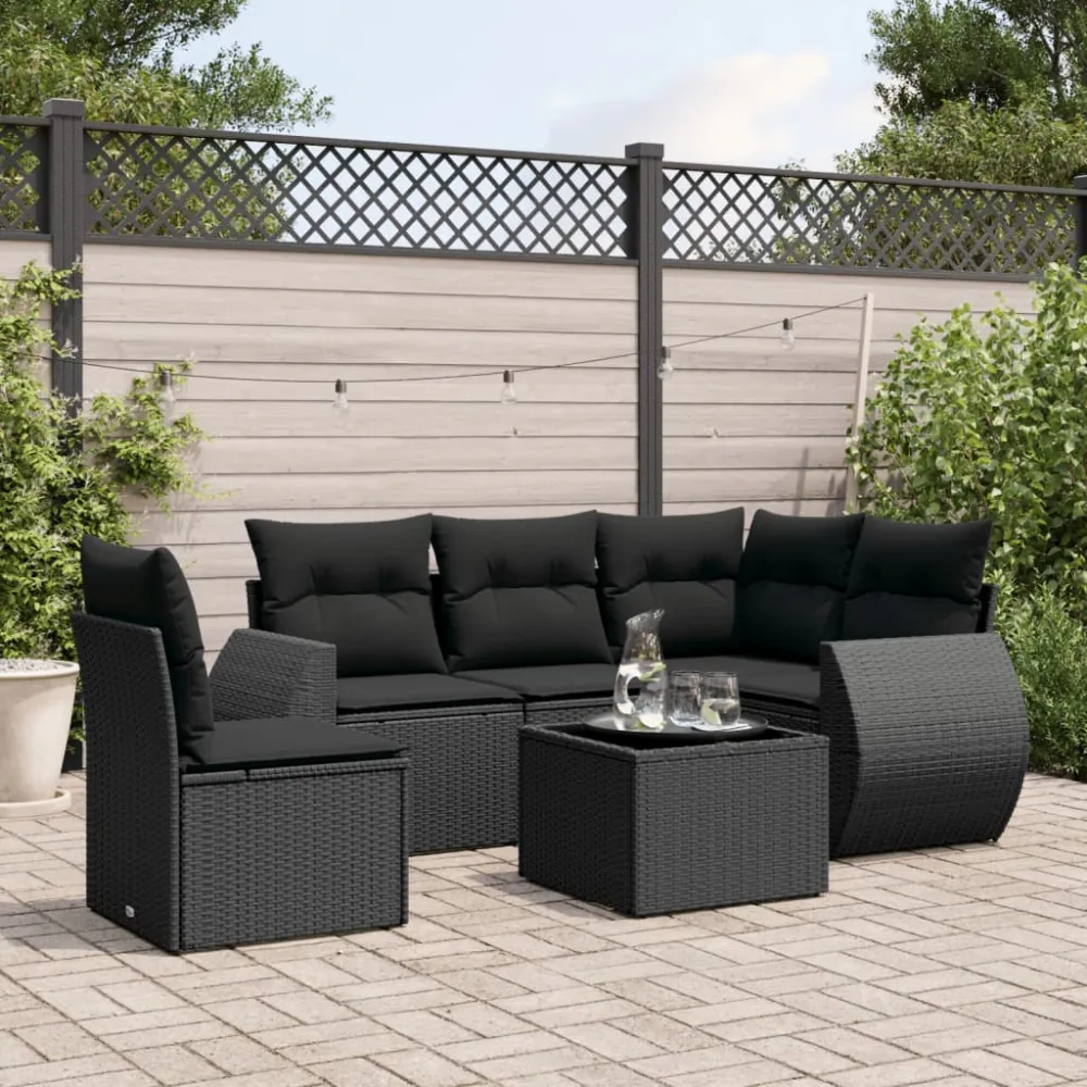 6-delige Loungeset met kussens poly rattan zwart vidaXL