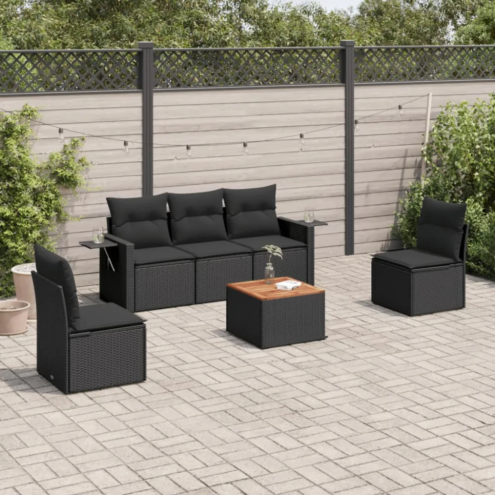 6-delige Loungeset met kussens poly rattan zwart vidaXL