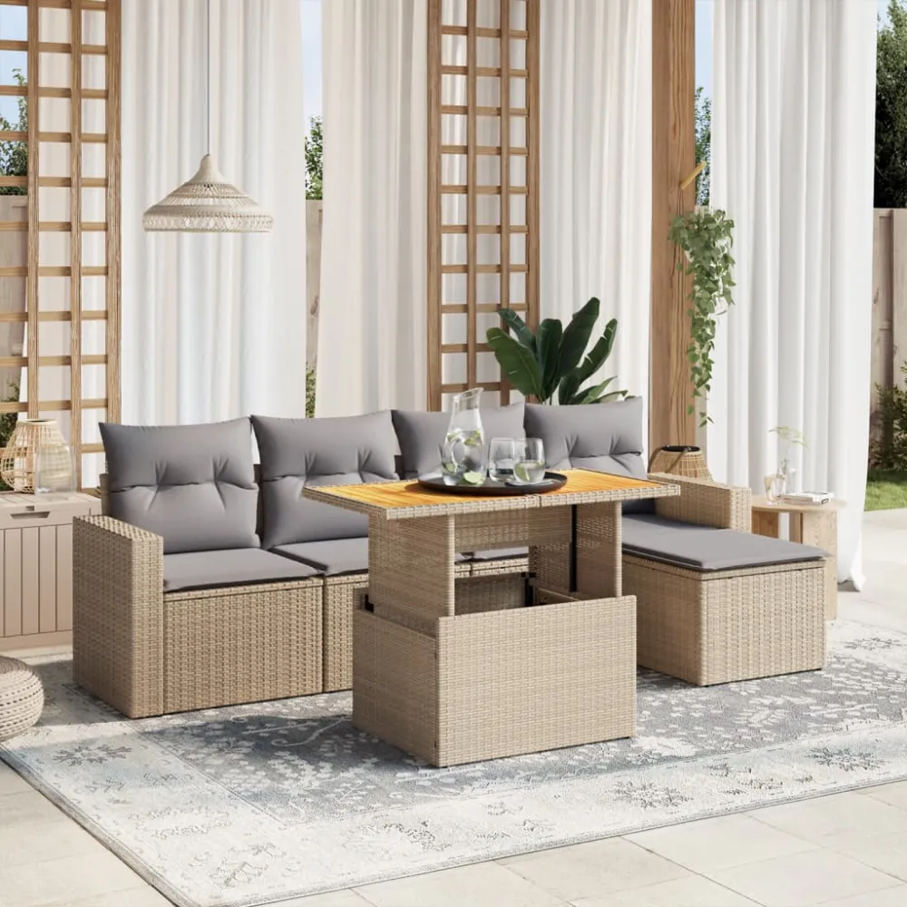 6-delige Loungeset met kussens poly rattan beige vidaXL
