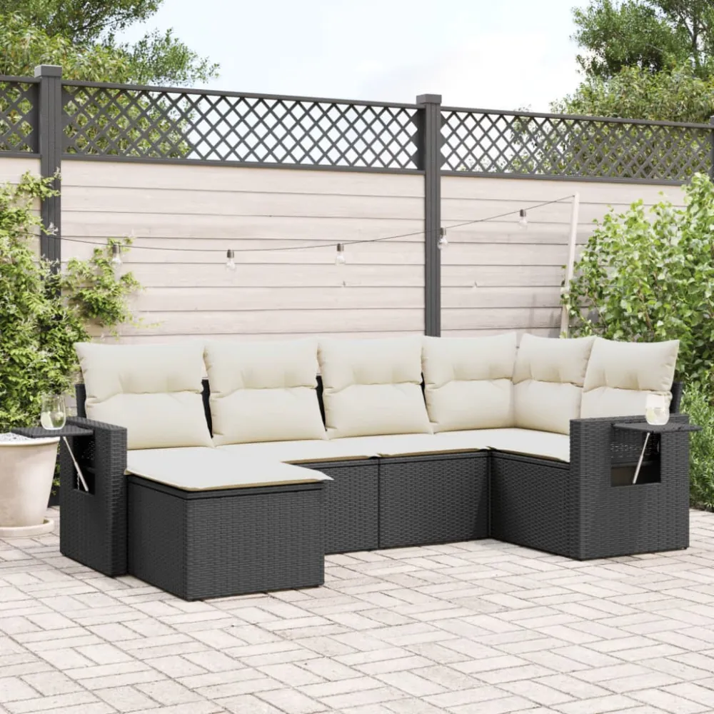6-delige Loungeset met kussens poly rattan zwart vidaXL