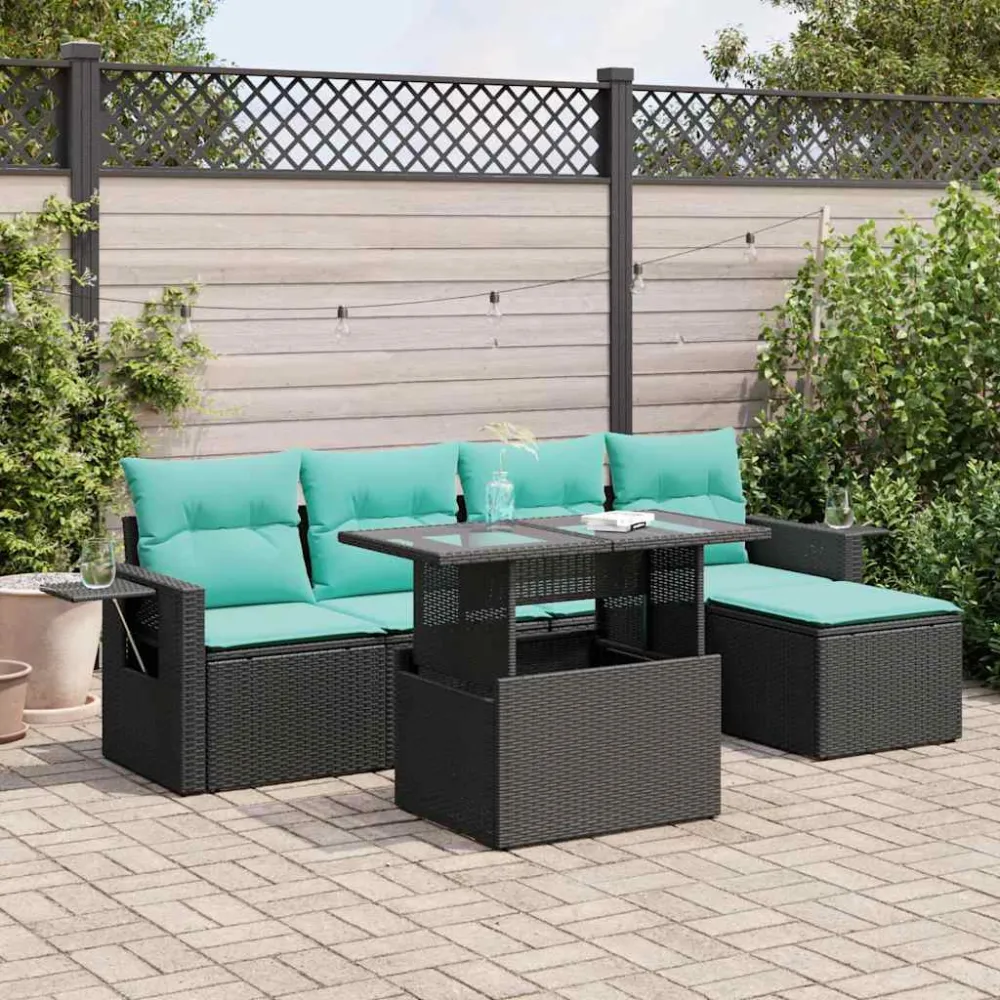 6-delige Loungeset met kussens poly rattan acacia zwart vidaXL