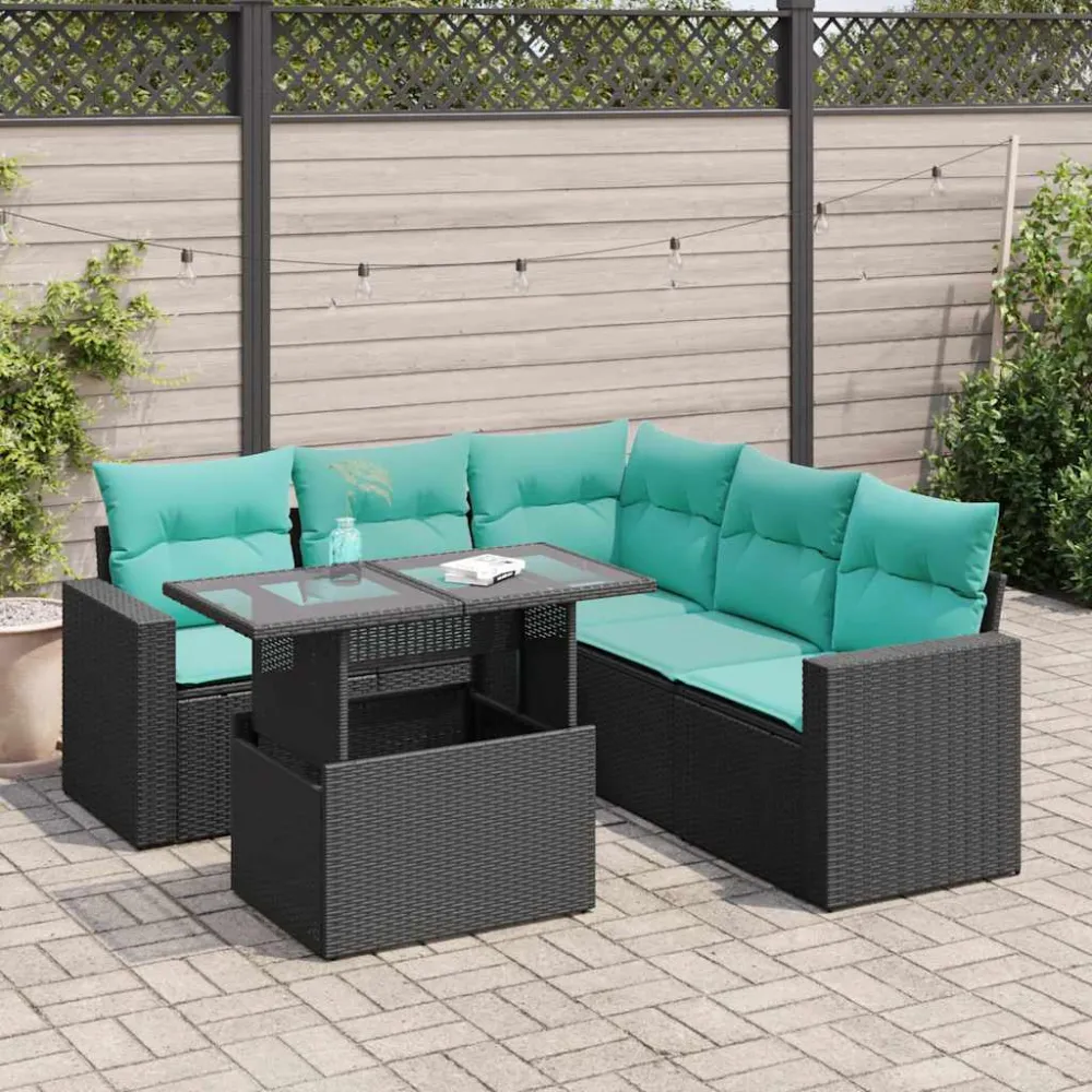 6-delige Loungeset met kussens poly rattan acacia zwart vidaXL