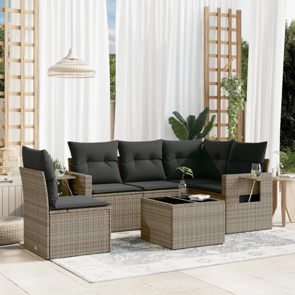 6-delige Loungeset met kussens poly rattan grijs vidaXL