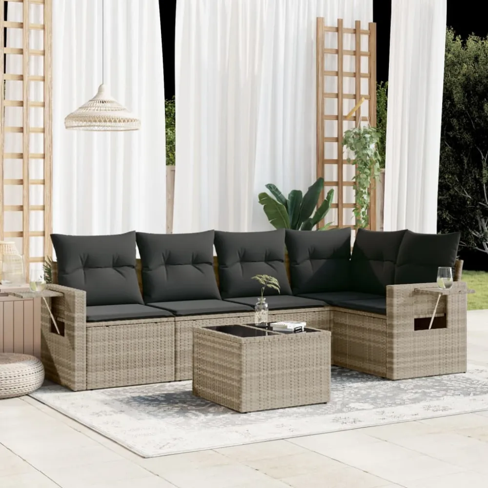 6-delige Loungeset met kussens poly rattan lichtgrijs vidaXL