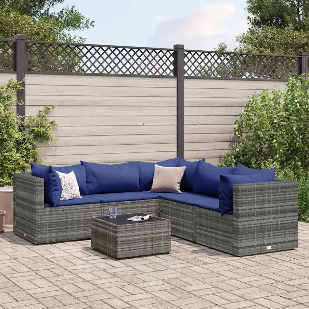 6-delige Loungeset met kussens poly rattan grijs vidaXL