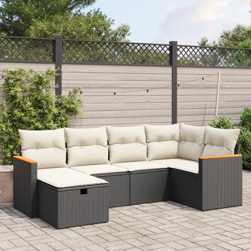 6-delige Loungeset met kussens poly rattan zwart vidaXL