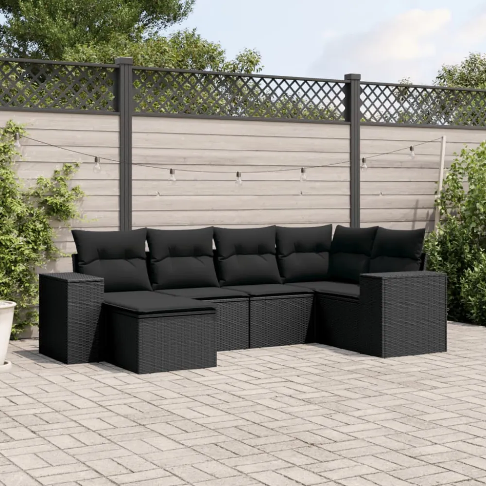 6-delige Loungeset met kussens poly rattan zwart vidaXL