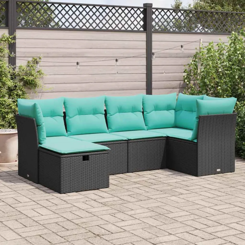 6-delige Loungeset met kussens poly rattan zwart vidaXL