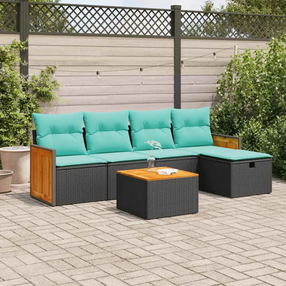 6-delige Loungeset met kussens poly rattan zwart vidaXL