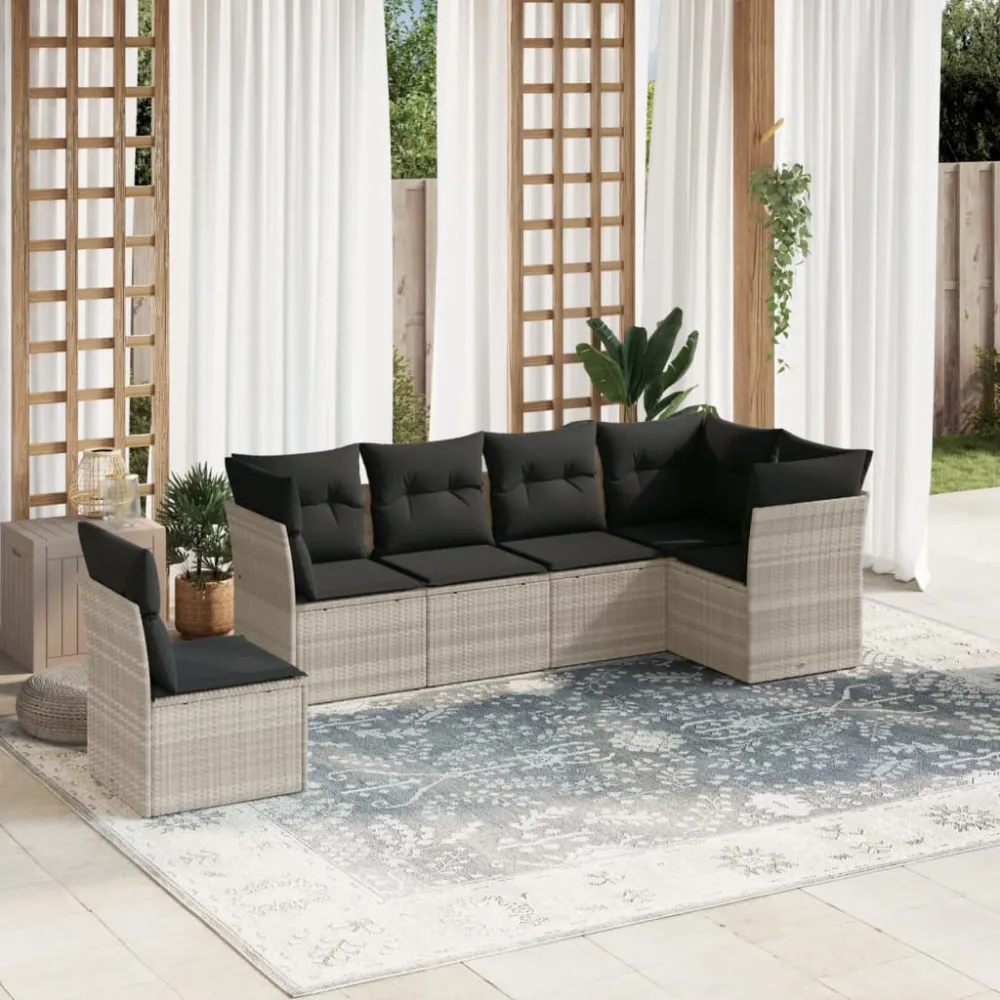 6-delige Loungeset met kussens poly rattan lichtgrijs vidaXL