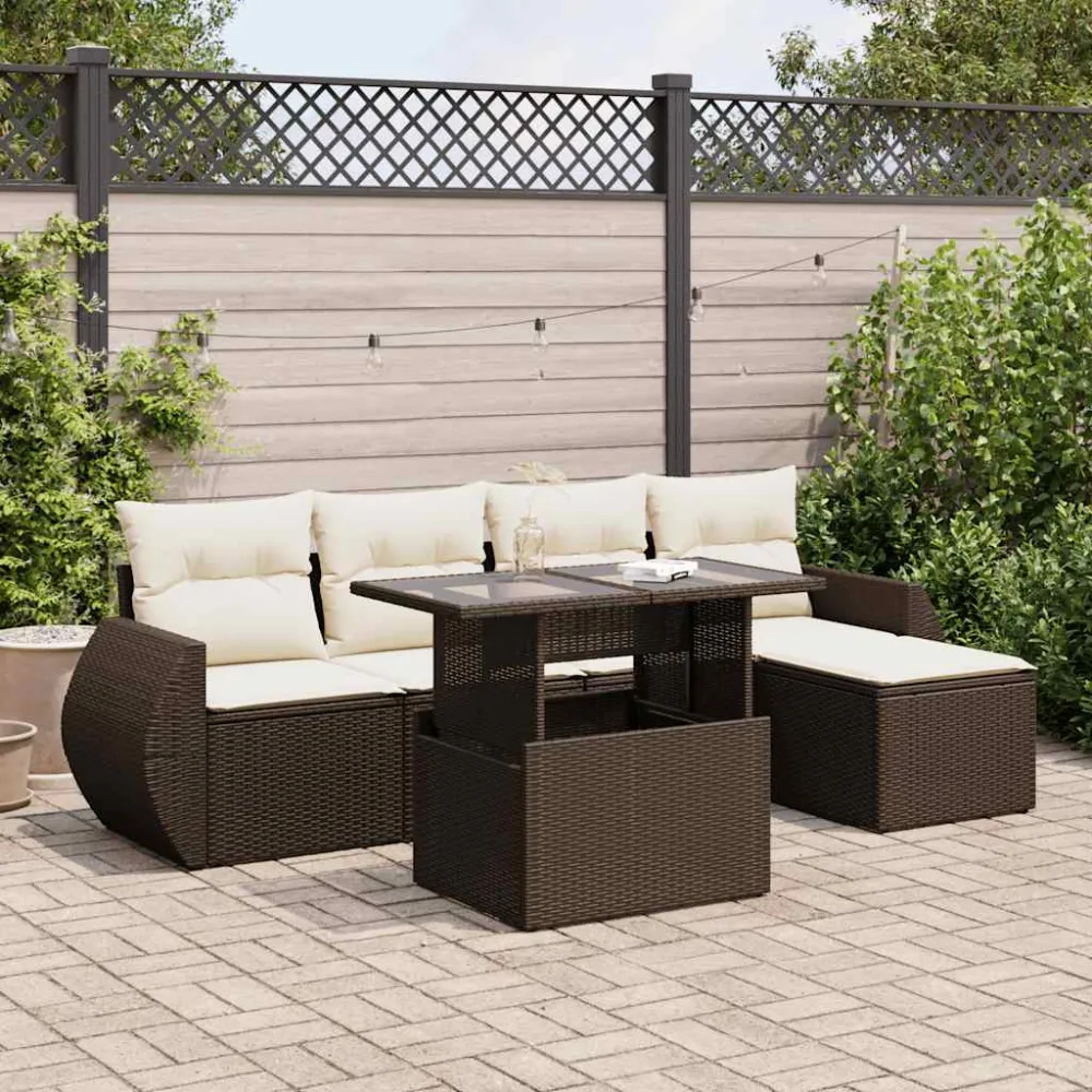 6-delige Loungeset met kussens poly rattan bruin vidaXL
