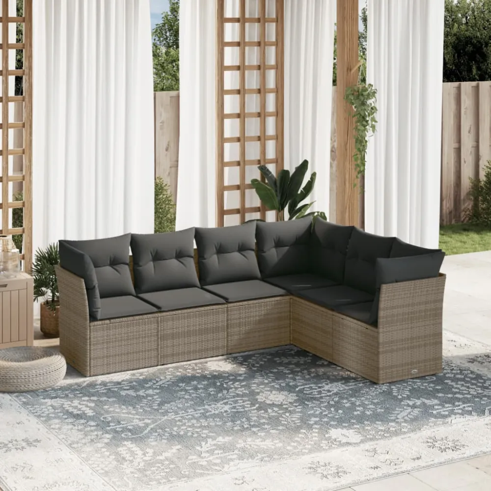 6-delige Loungeset met kussens poly rattan grijs vidaXL