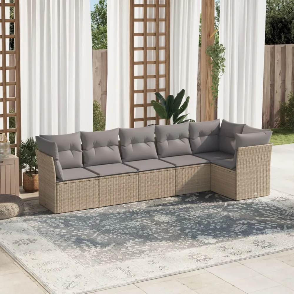 6-delige Loungeset met kussens poly rattan beige vidaXL