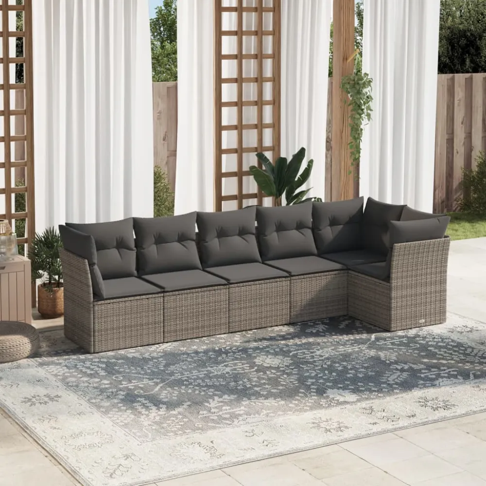 6-delige Loungeset met kussens poly rattan grijs vidaXL