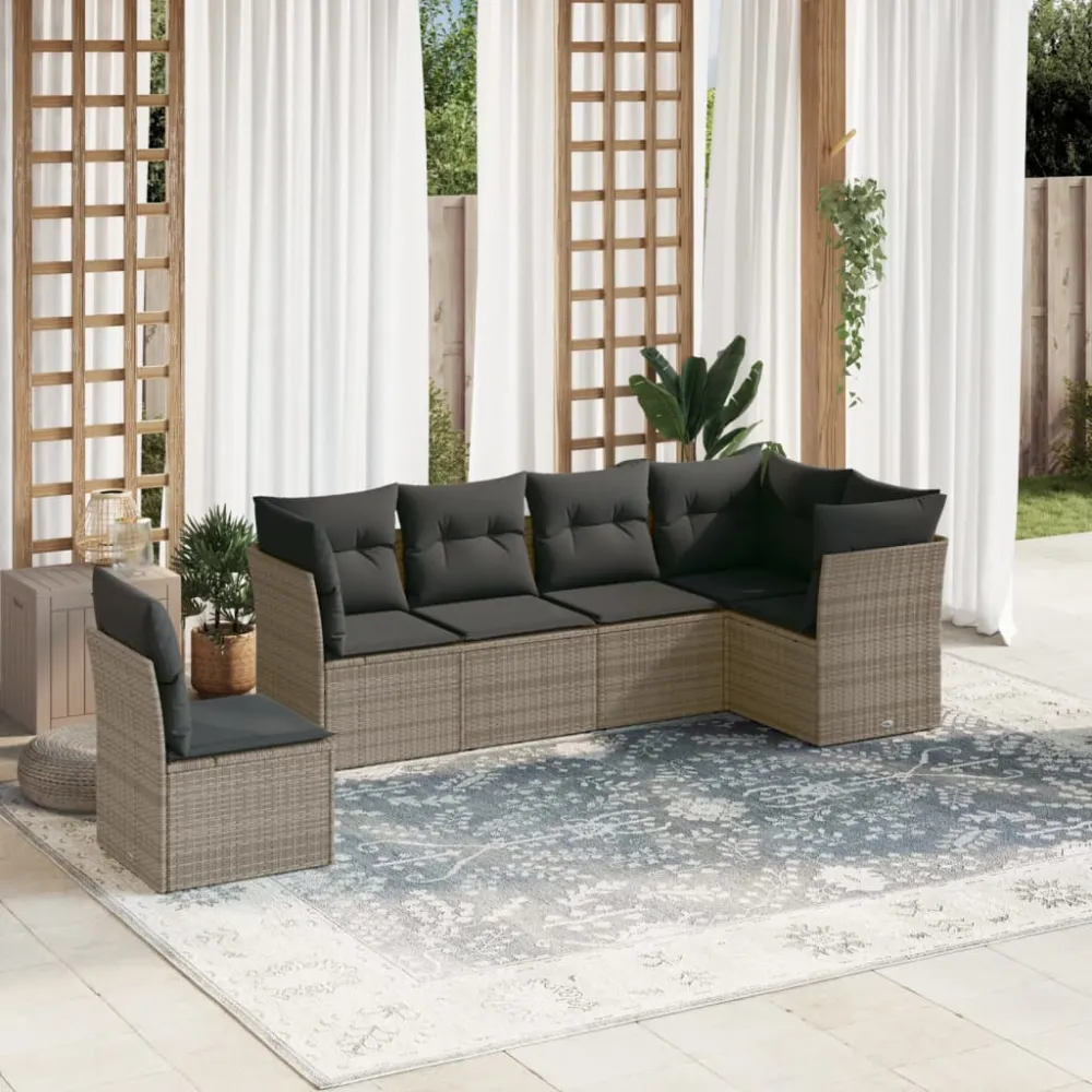 6-delige Loungeset met kussens poly rattan grijs vidaXL