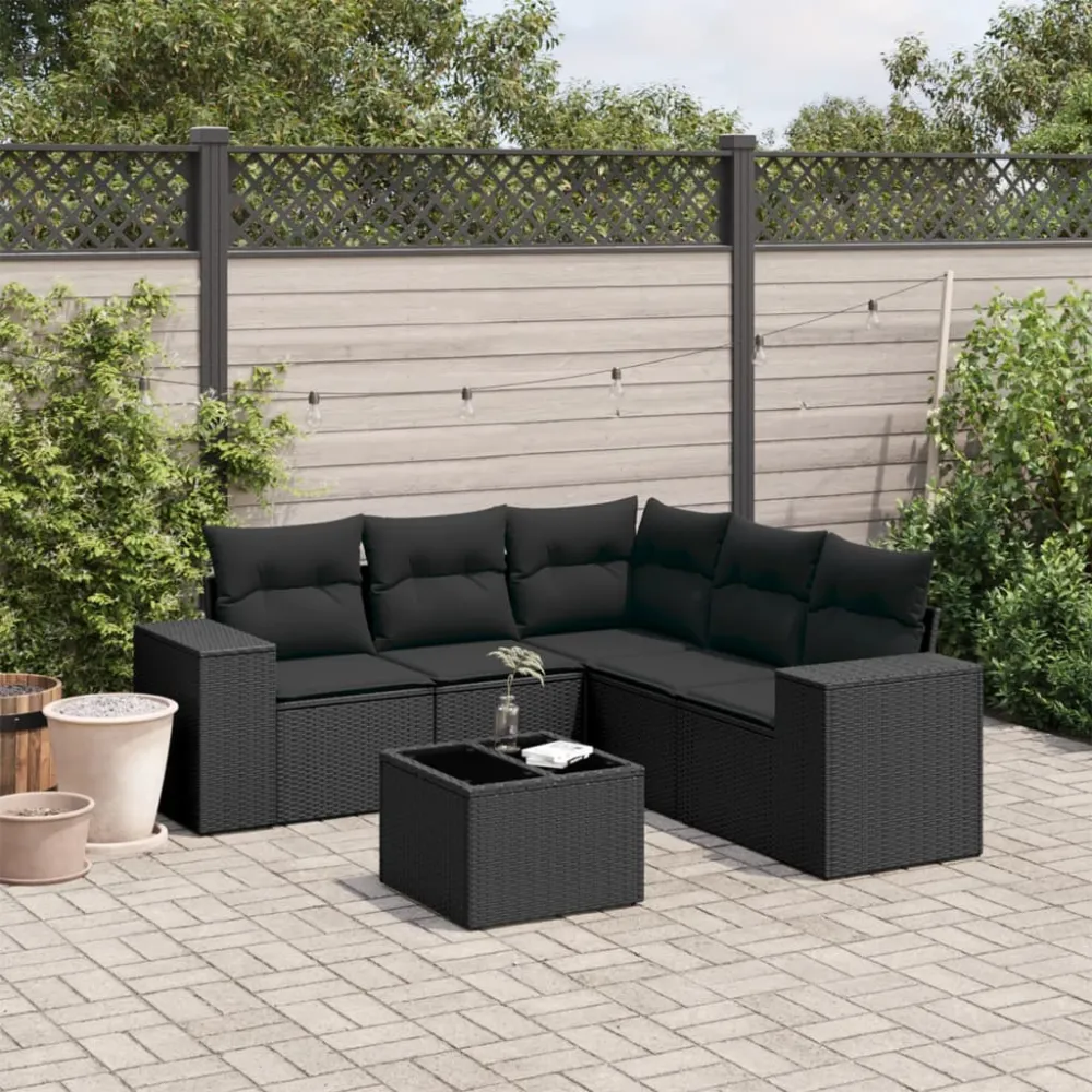 6-delige Loungeset met kussens poly rattan zwart vidaXL