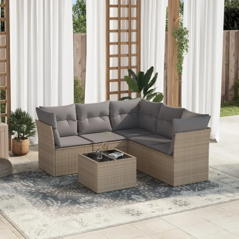 6-delige Loungeset met kussens poly rattan beige vidaXL