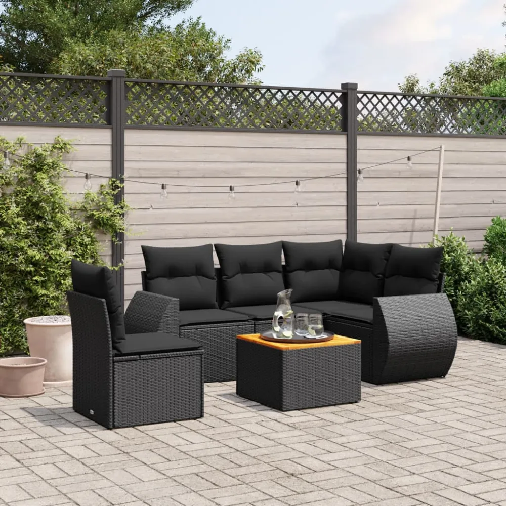 6-delige Loungeset met kussens poly rattan zwart vidaXL