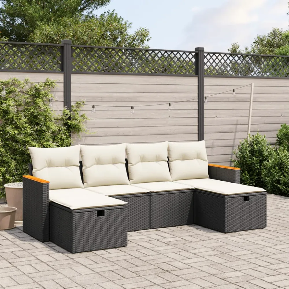 6-delige Loungeset met kussens poly rattan zwart vidaXL
