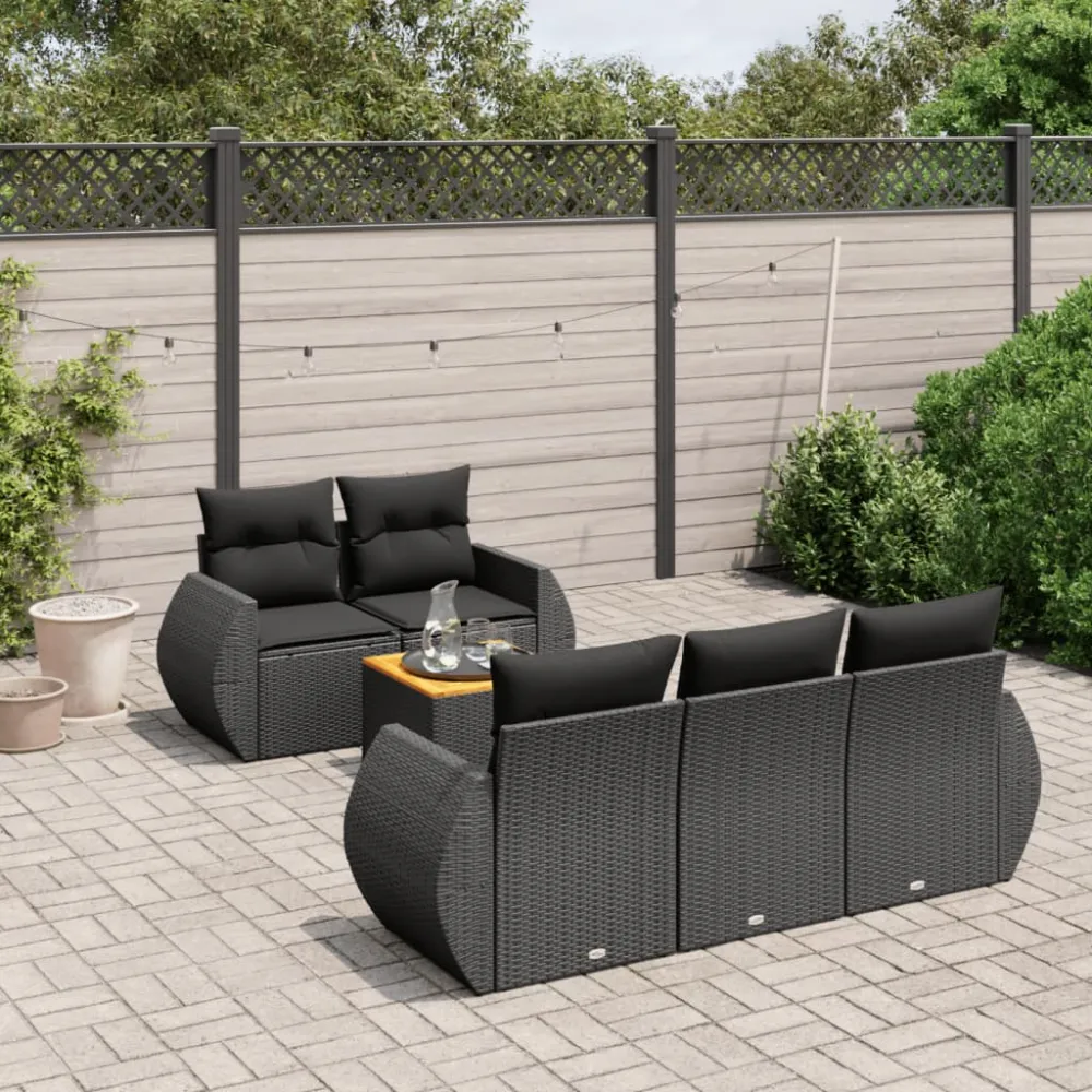 6-delige Loungeset met kussens poly rattan zwart vidaXL