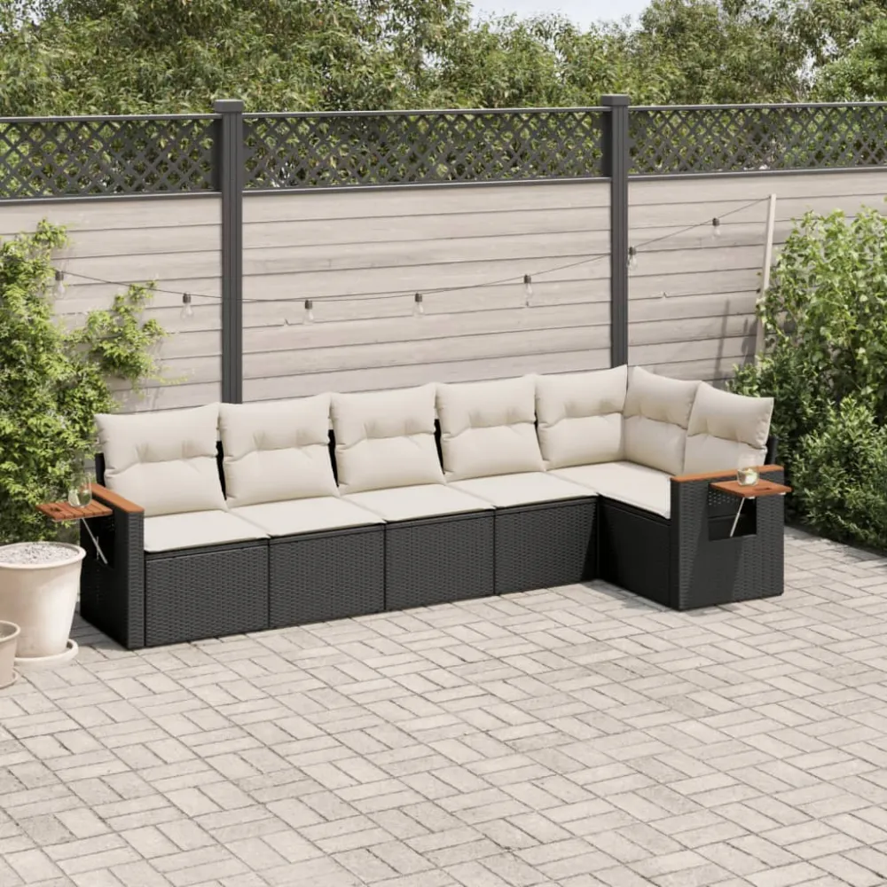 6-delige Loungeset met kussens poly rattan zwart vidaXL