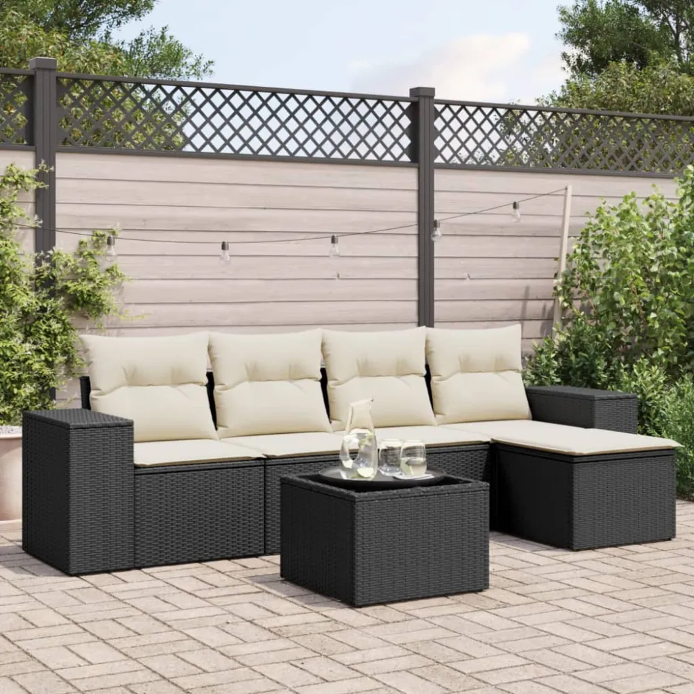 6-delige Loungeset met kussens poly rattan zwart vidaXL