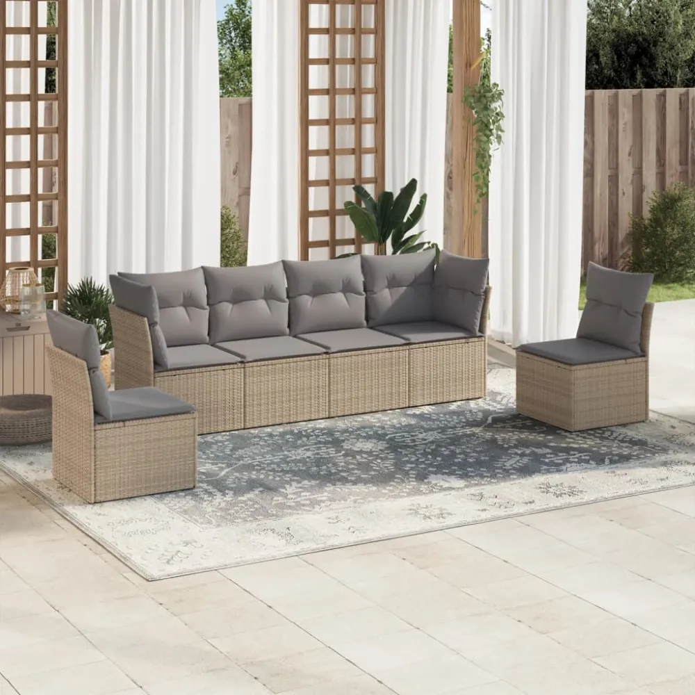 6-delige Loungeset met kussens poly rattan beige vidaXL