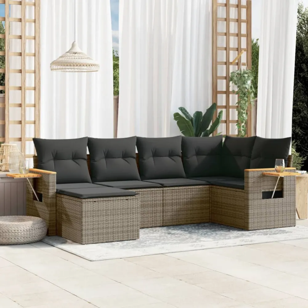 6-delige Loungeset met kussens poly rattan grijs vidaXL
