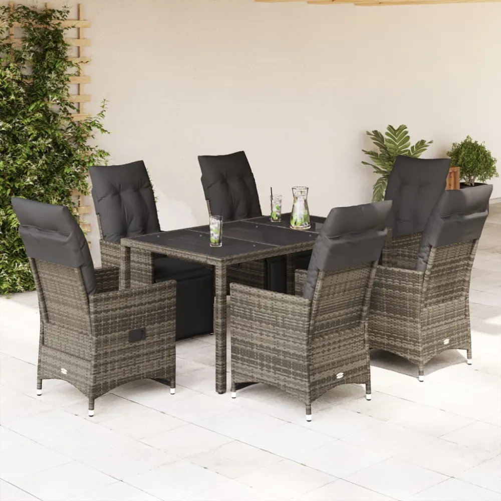 7-delige Bistroset met kussens poly rattan grijs vidaXL