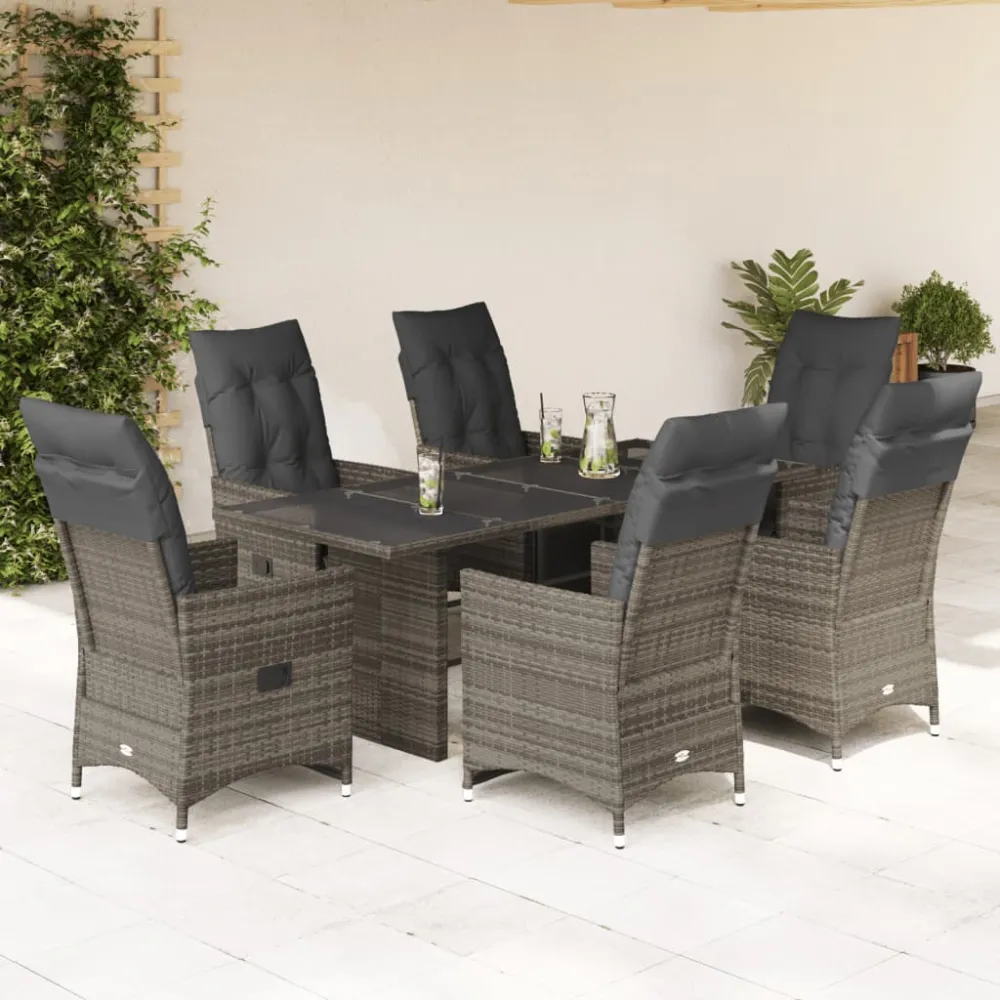 7-delige Bistroset met kussens poly rattan grijs vidaXL