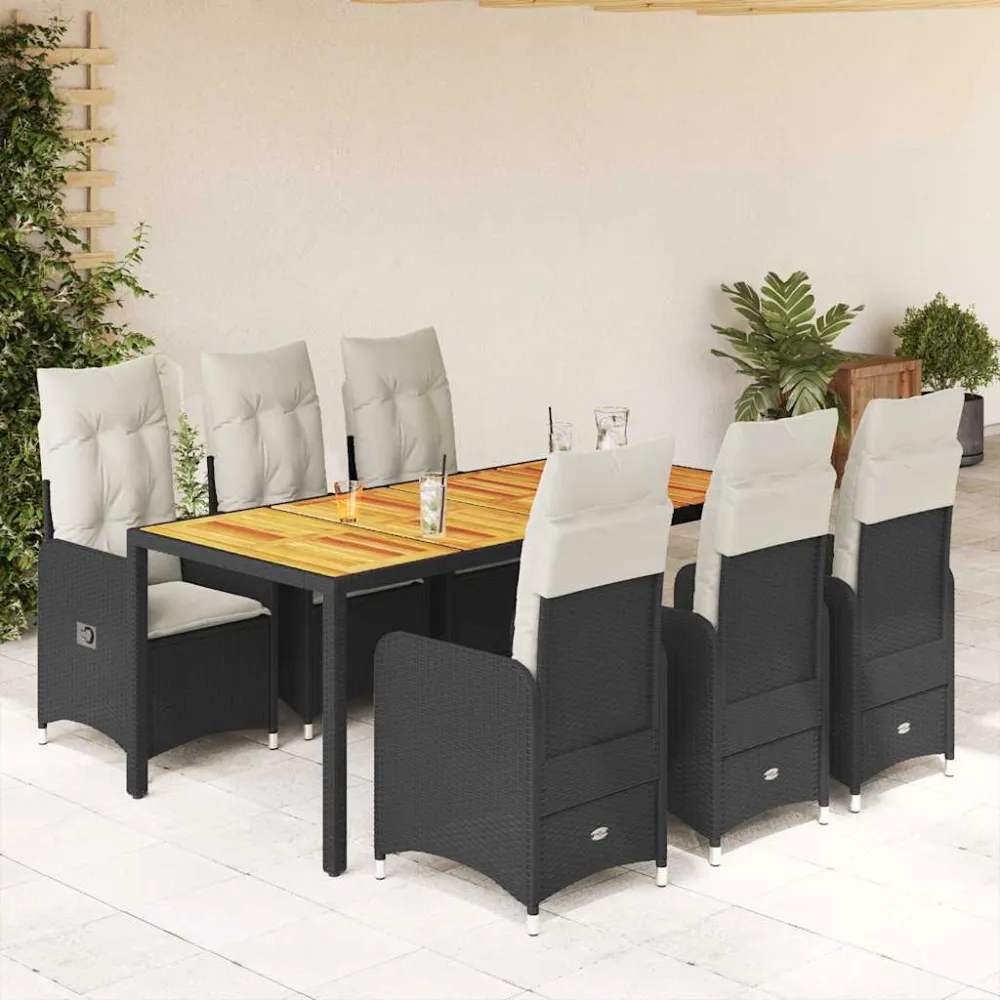 7-delige Bistroset met kussens poly rattan zwart vidaXL