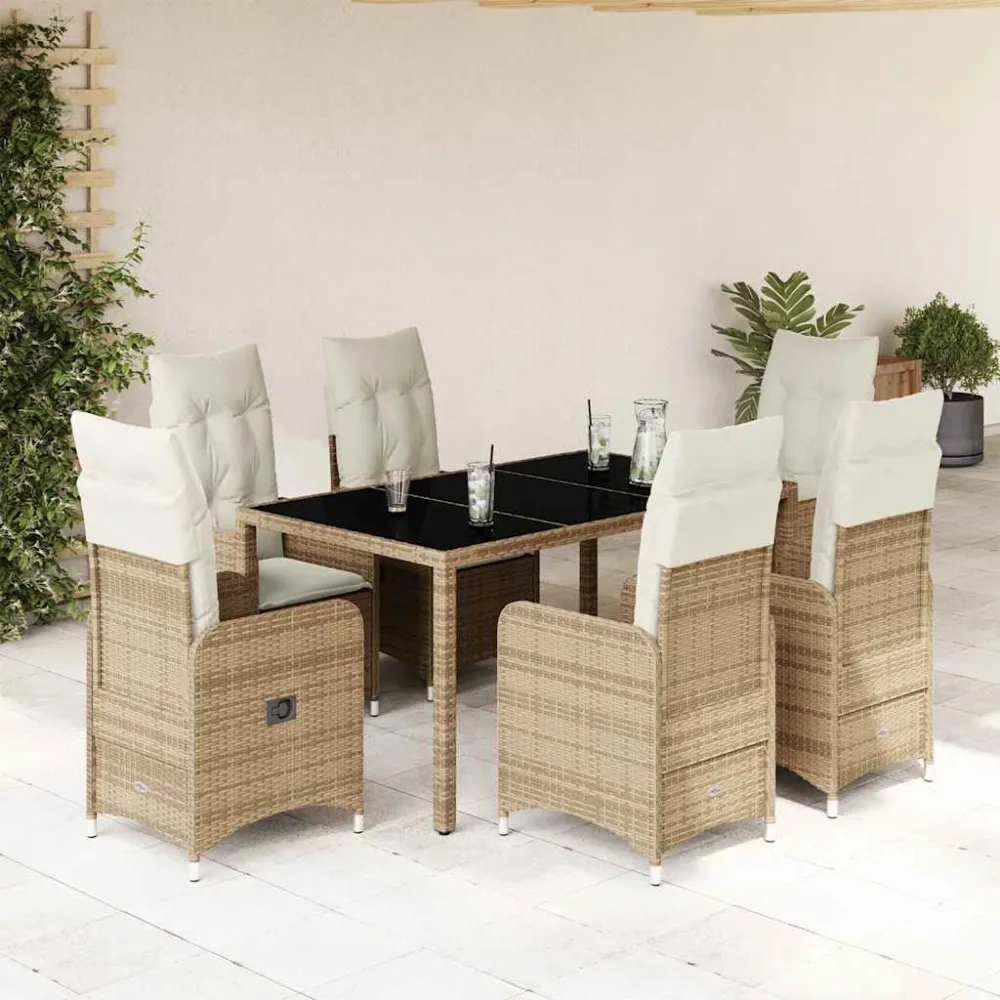 7-delige Bistroset met kussens poly rattan beige vidaXL