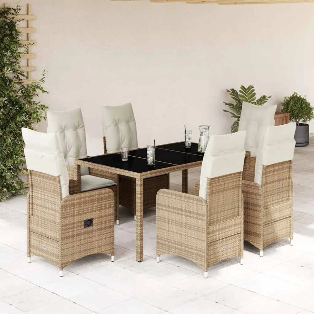 7-delige Bistroset met kussens poly rattan beige vidaXL