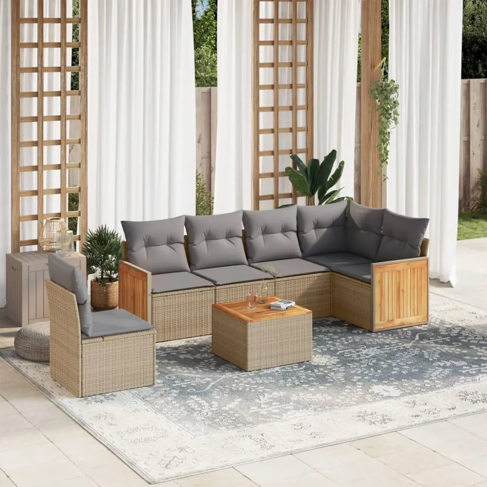 7-delige Loungeset met kussens poly rattan beige vidaXL