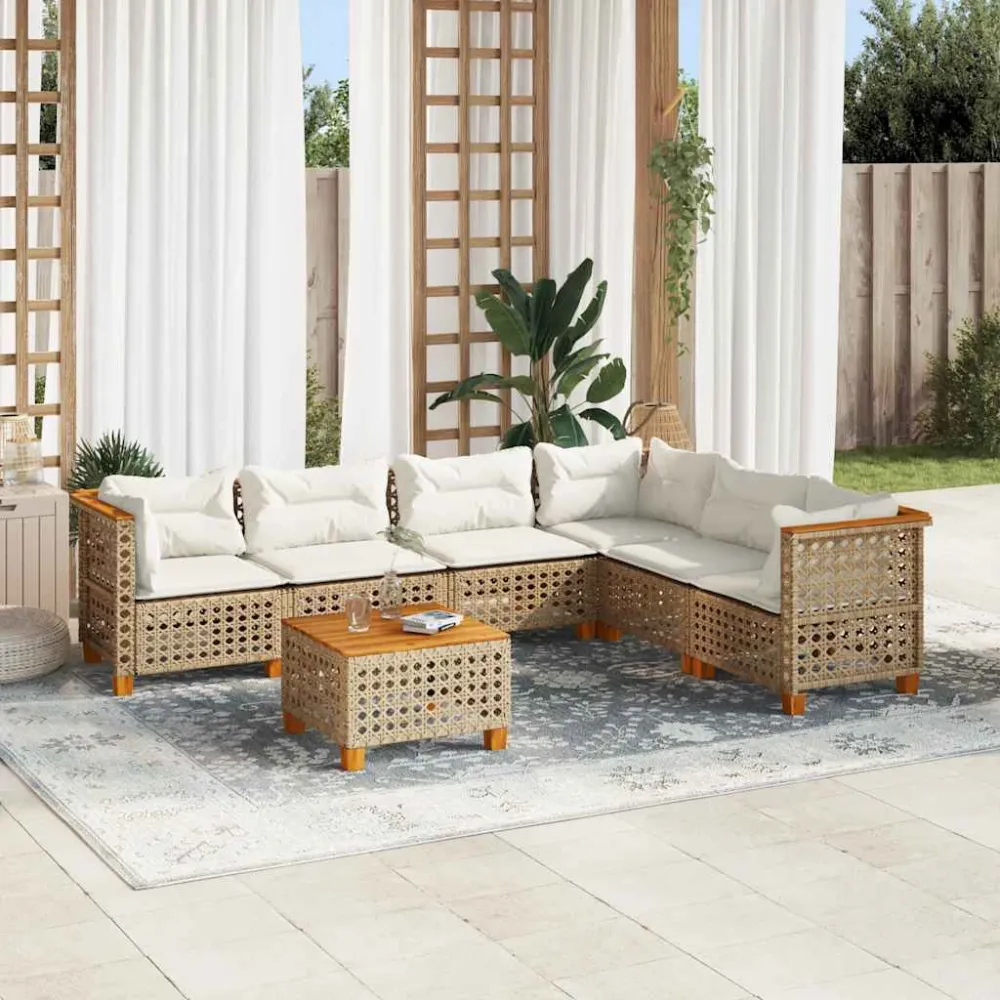 7-delige Loungeset met kussens poly rattan beige vidaXL