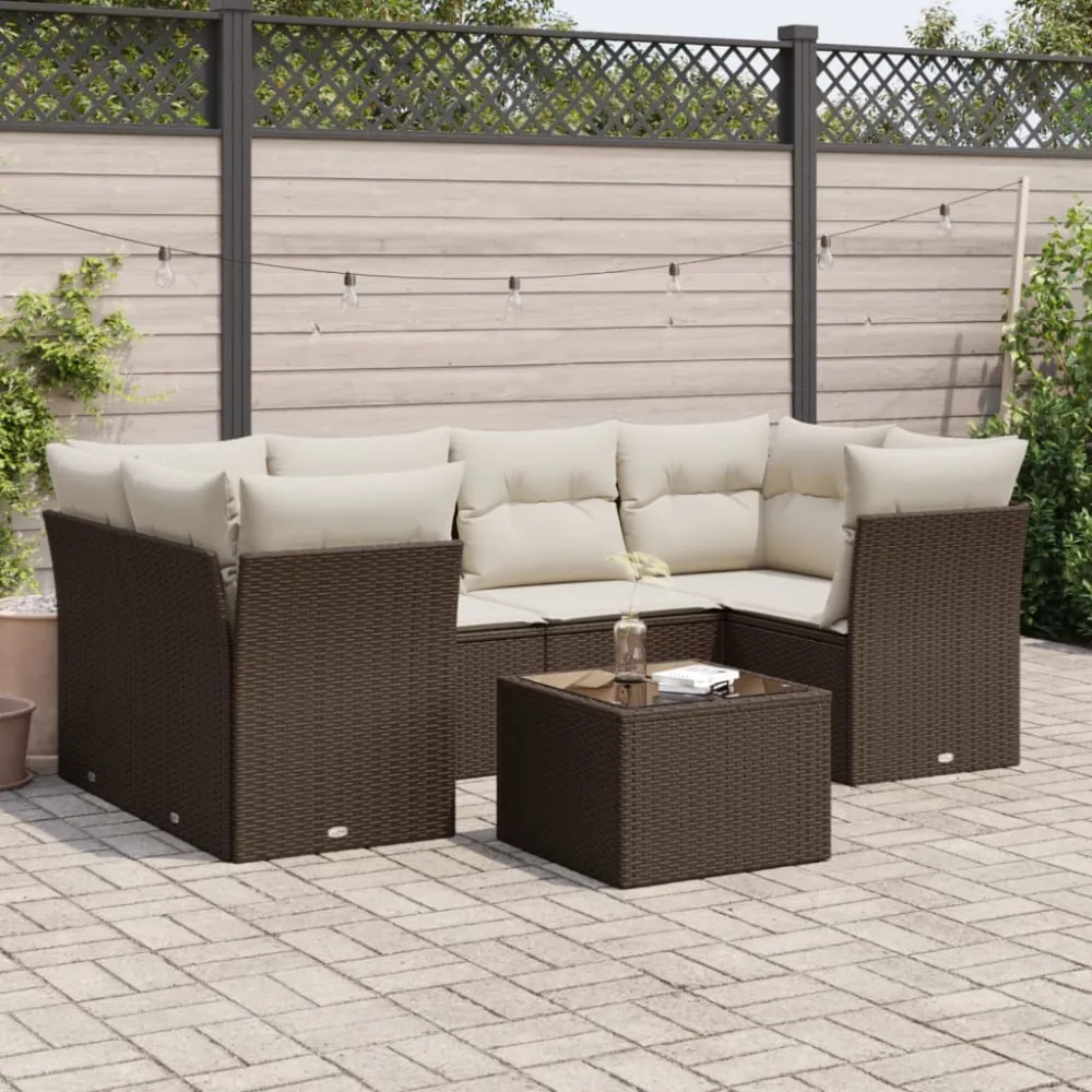 7-delige Loungeset met kussens poly rattan bruin vidaXL