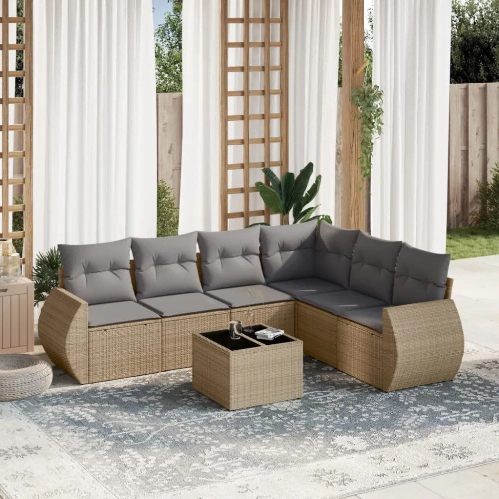 7-delige Loungeset met kussens poly rattan beige vidaXL