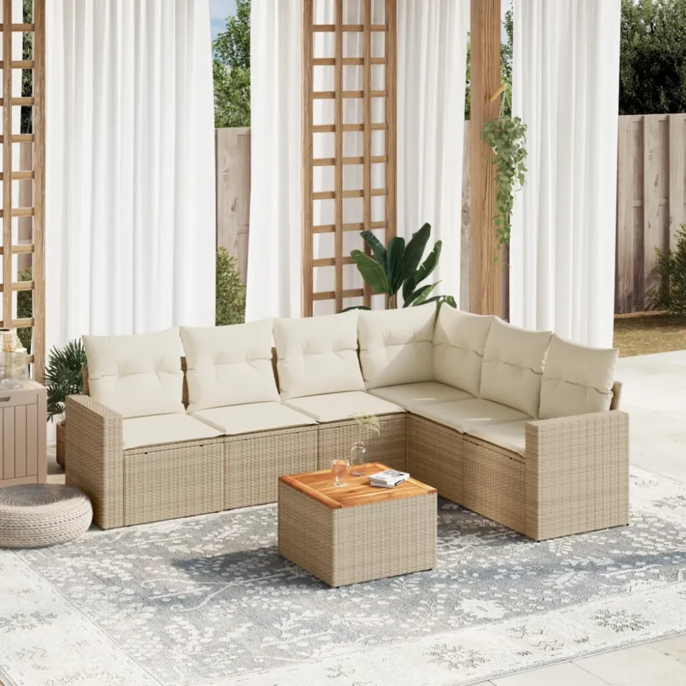7-delige Loungeset met kussens poly rattan beige vidaXL