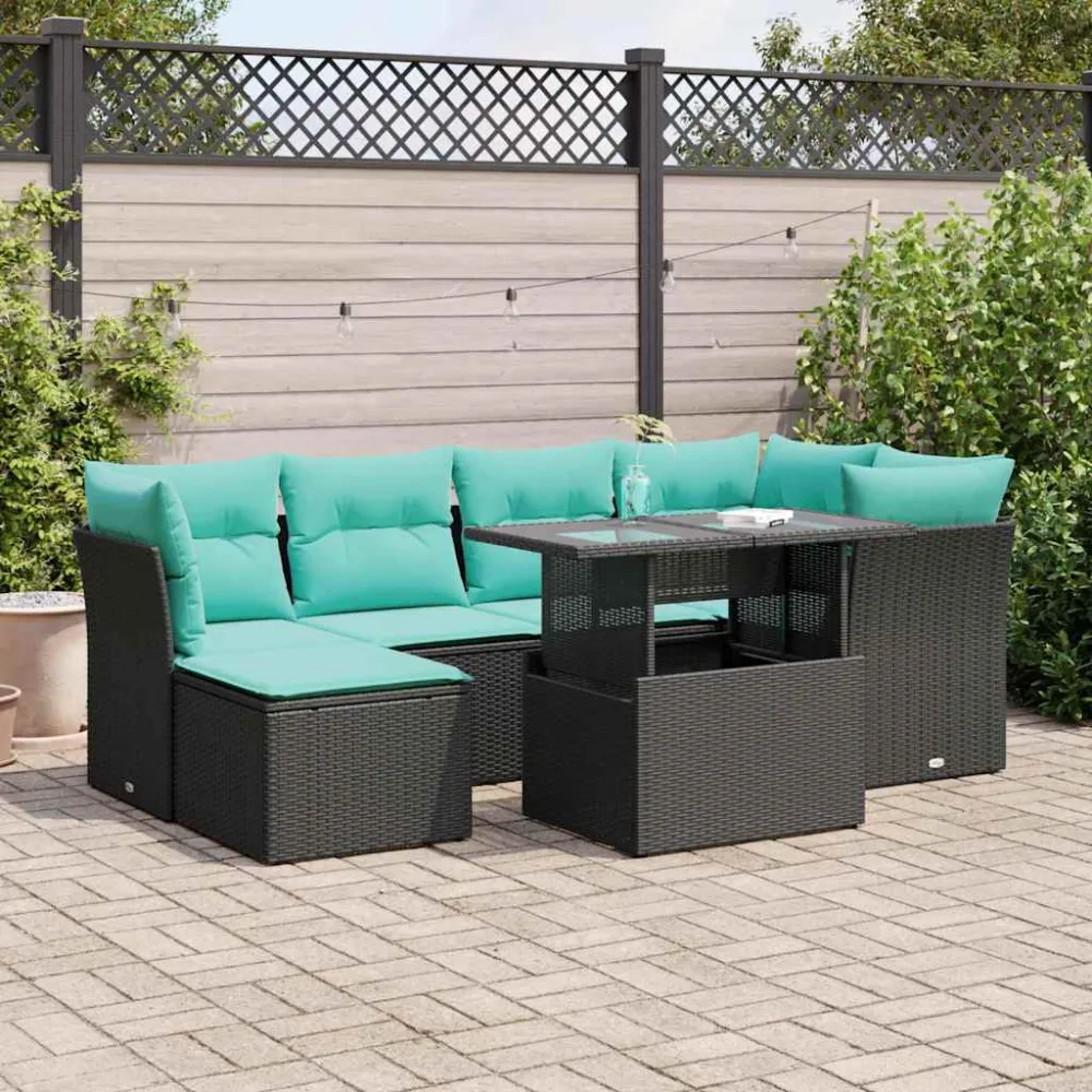 7-delige Loungeset met kussens poly rattan acacia zwart vidaXL